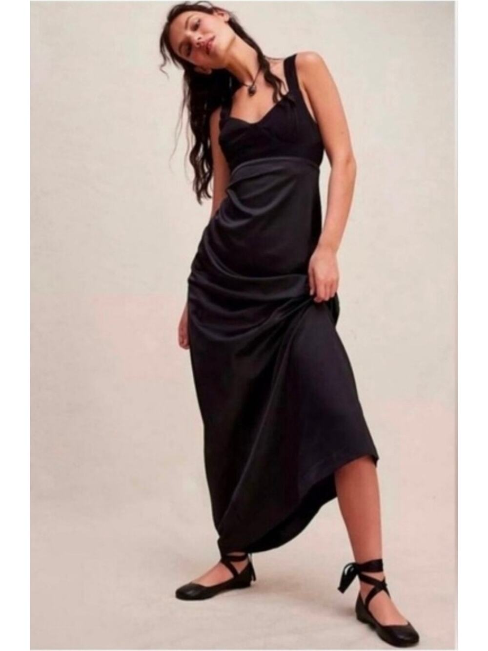 Free People Romantic Gia Dress V‑Neck Empire Waist Silky Skirt Open Back Size 4